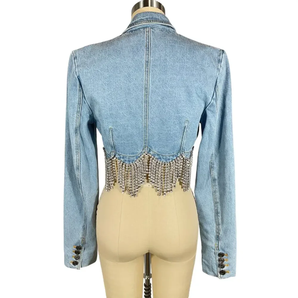 Area Cropped Light Blue Scalloped Crystal Denim Blazer Size 2